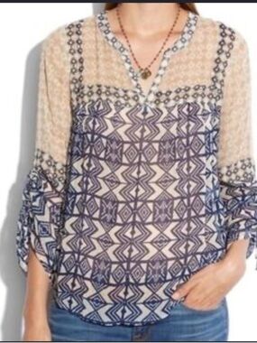 Lucky Brand Batik Print Blouse with Adjustable 3/4 Ruched Sleeves